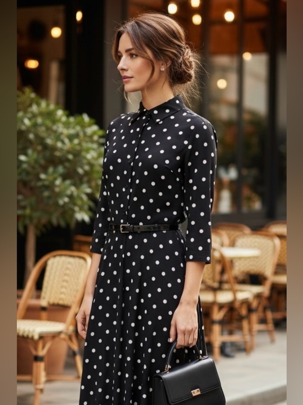 Evan-Picone Black White Polka Dot Midi Dress Belt 3/4 Sleeve Size 8 - Picture 2 of 11